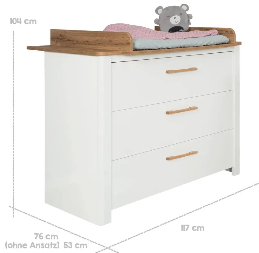 Biela nízka detská komoda v dekore duba s prebaľovacím pultom 119x100 cm Ava – Roba
