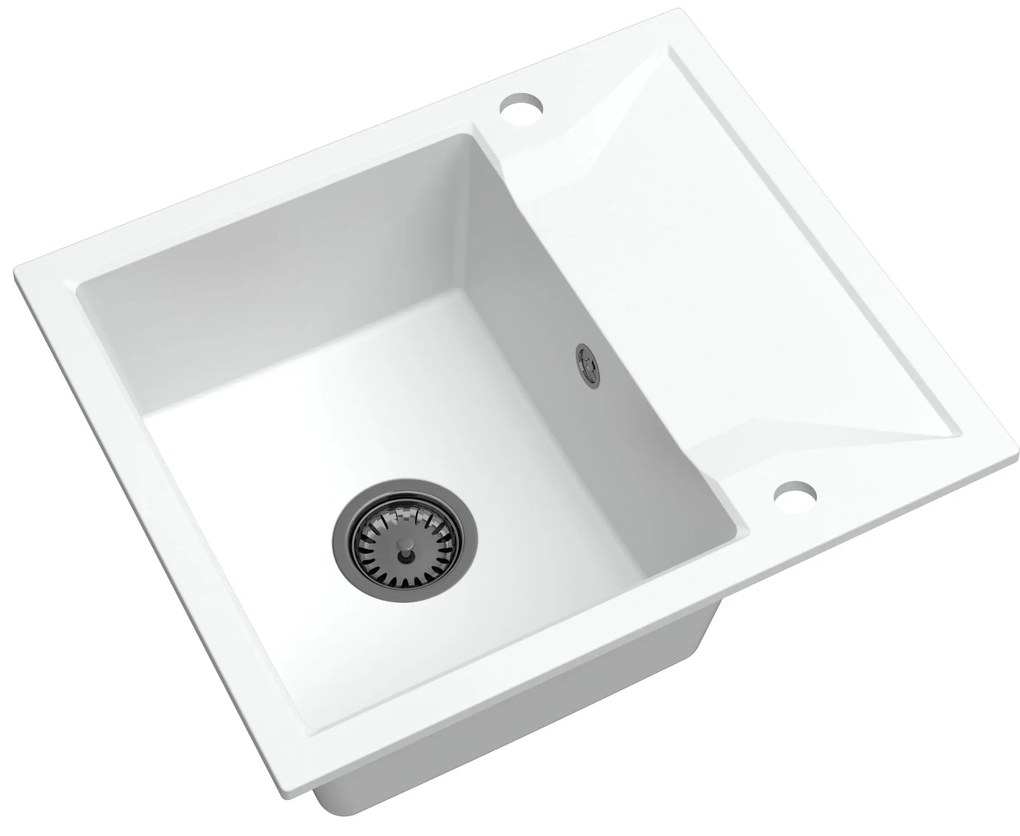 Sink Quality Obsidian, kuchynský granitový drez 590x500x210 mm + čierny sifón, biela, SKQ-OBS.W.1KKO.XB