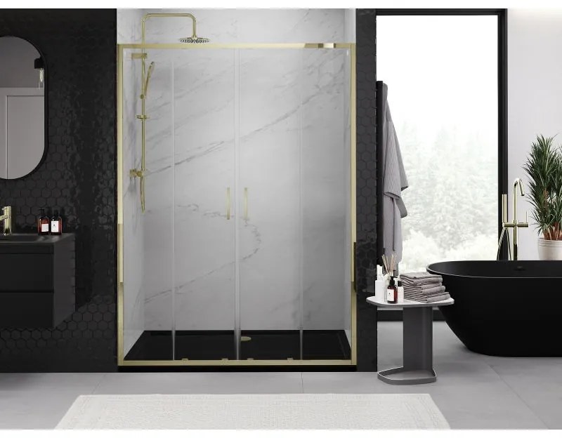 Mexen Exo, posuvné dvojité sprchové dvere 160 cm, číre sklo, zlatá, 8152-160-000-50-00