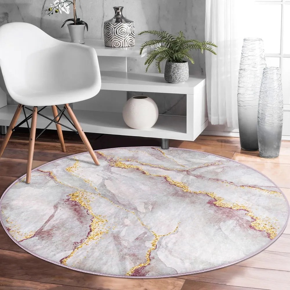 Svetloružový/v zlatej farbe prateľný okrúhly koberec ø 100 cm Marble – Mila Home