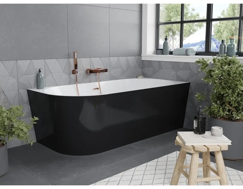 Mexen Mia, voľne stojaca rohová vaňa, pravá, 150 x 75 cm, biela-čierna, medený prepad, 52691507575P-65