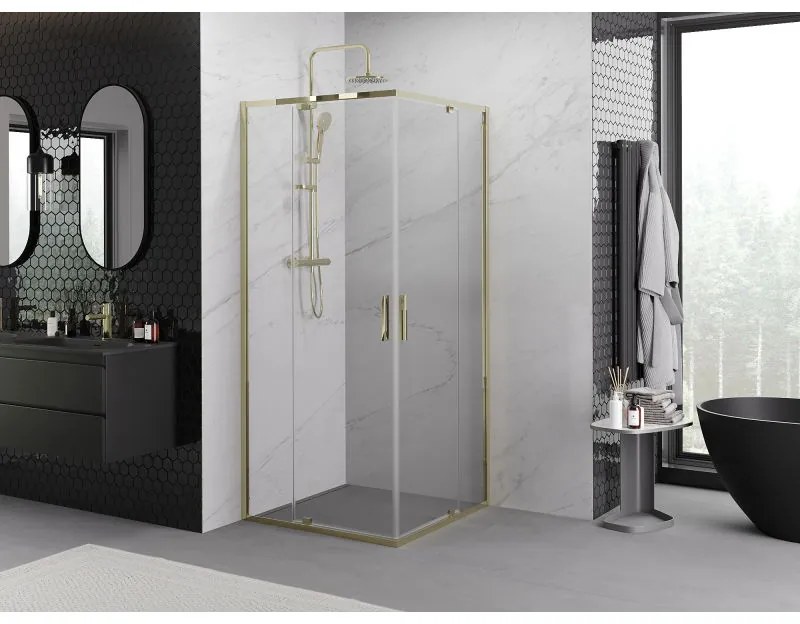 Mexen Exo, výklopný štvorcový sprchový kút 90 x 90 cm, číre sklo, zlatá, 8110-090-090-50-00