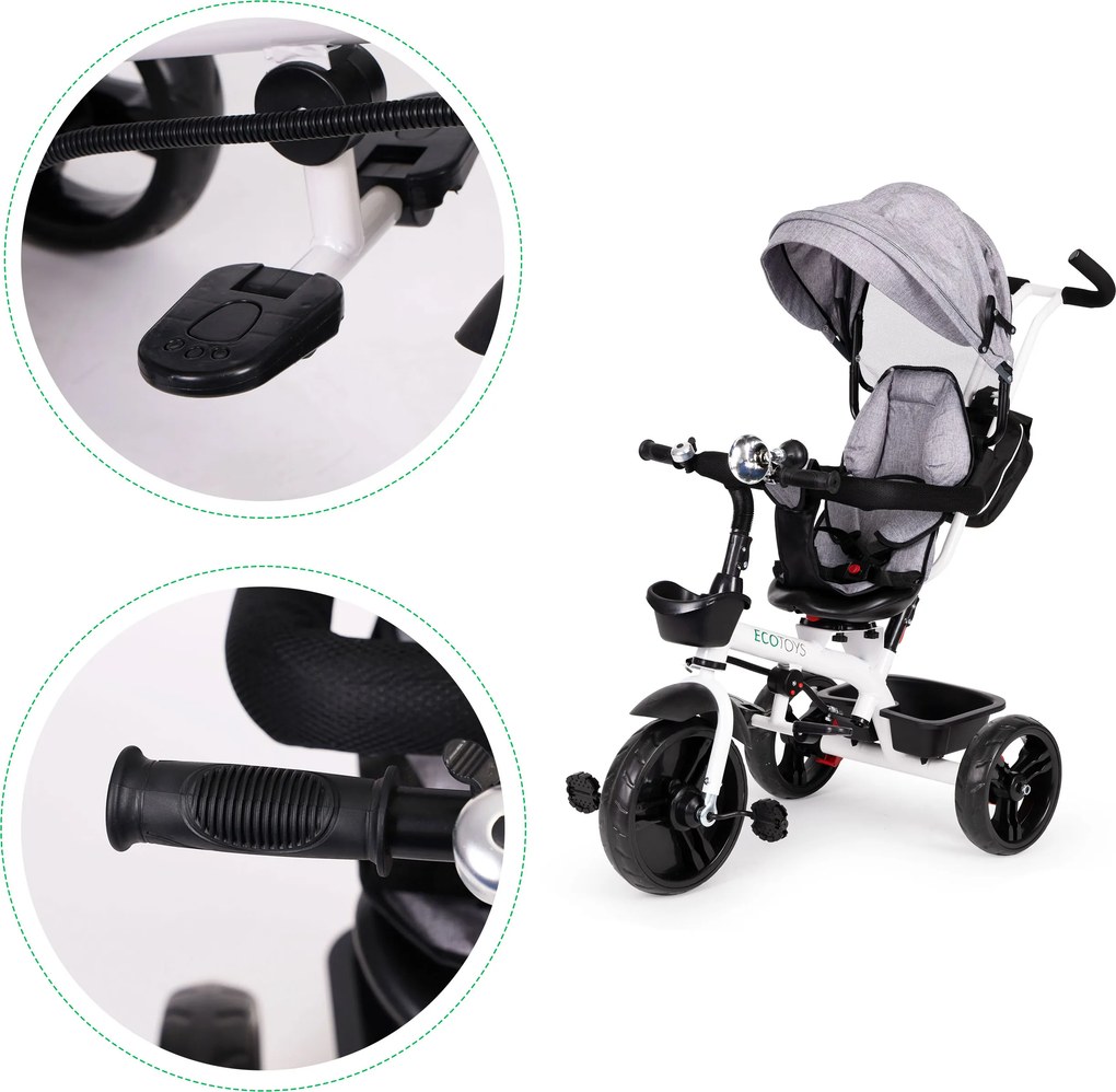 ECOTOYS otočná trojkolka 360° s strieškou, 5-bodovými pásmi, EVA kolesá, šedá