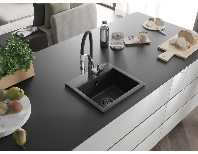 Mexen Milo, 1-komorový granitový drez 435x410x171 mm a drezová batéria Aster, čierna-strieborná metalíza, 6505-73-73450-07-B