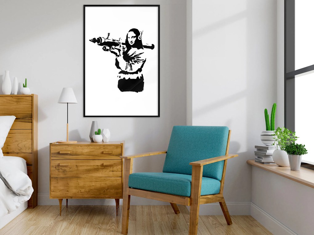 Artgeist Plagát - Banksy Mona Lisa with Rocket Launcher [Poster] Veľkosť: 20x30, Verzia: Čierny rám s passe-partout