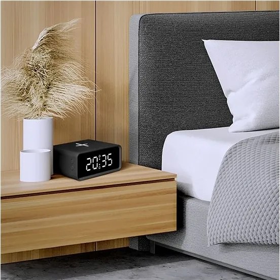 Solight CA07B - Digitálne hodiny s Qi bezdrôtovou nabíjačkou 230V/CR2032 čierne