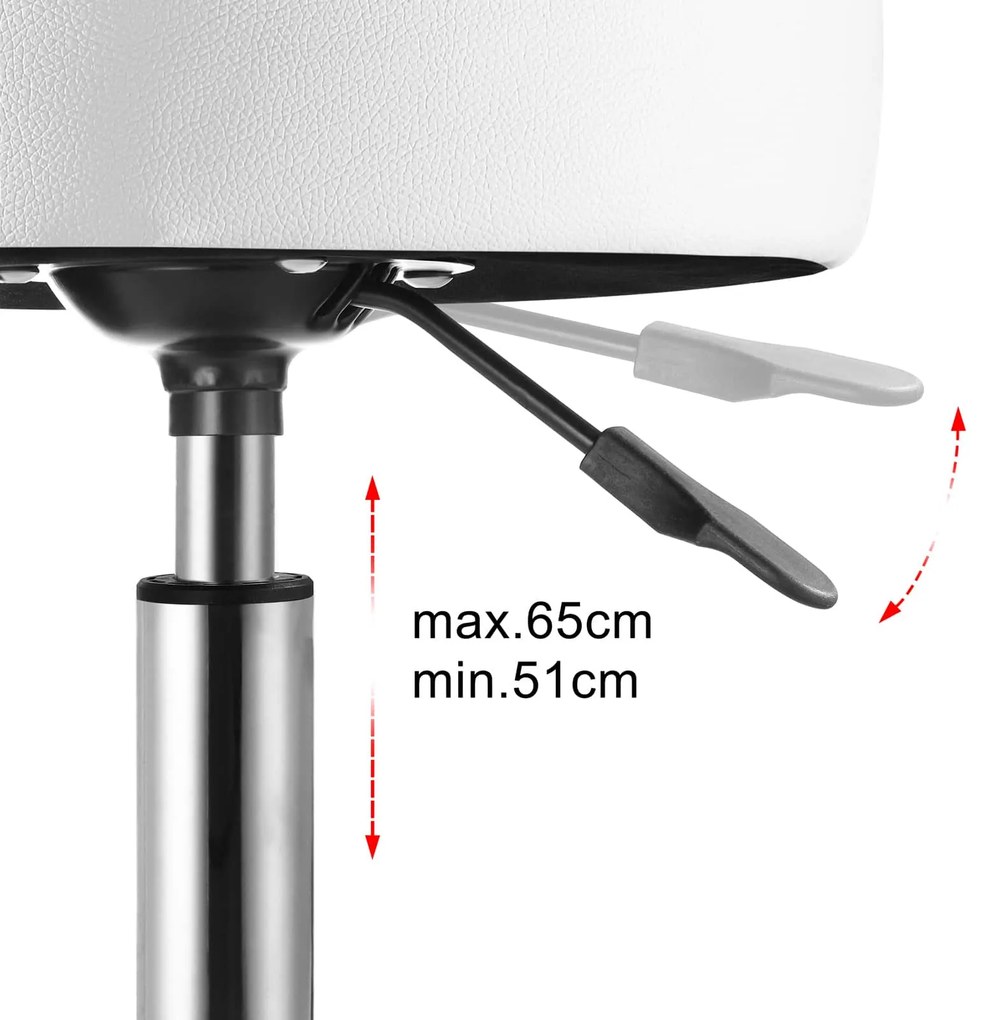 Casaria Taburetka na kolieskach, biela koženka, otočná 360°, opierka na nohy