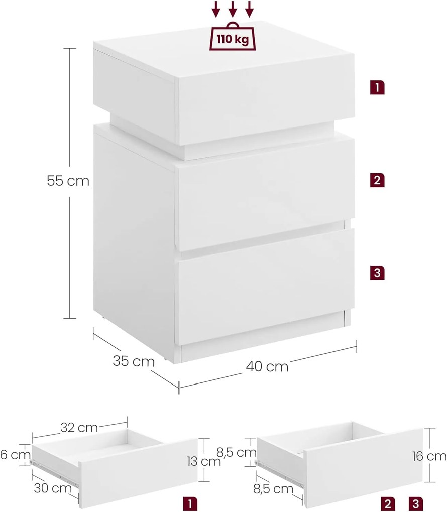 VASAGLE Nočný stolík s LED svetlom biely