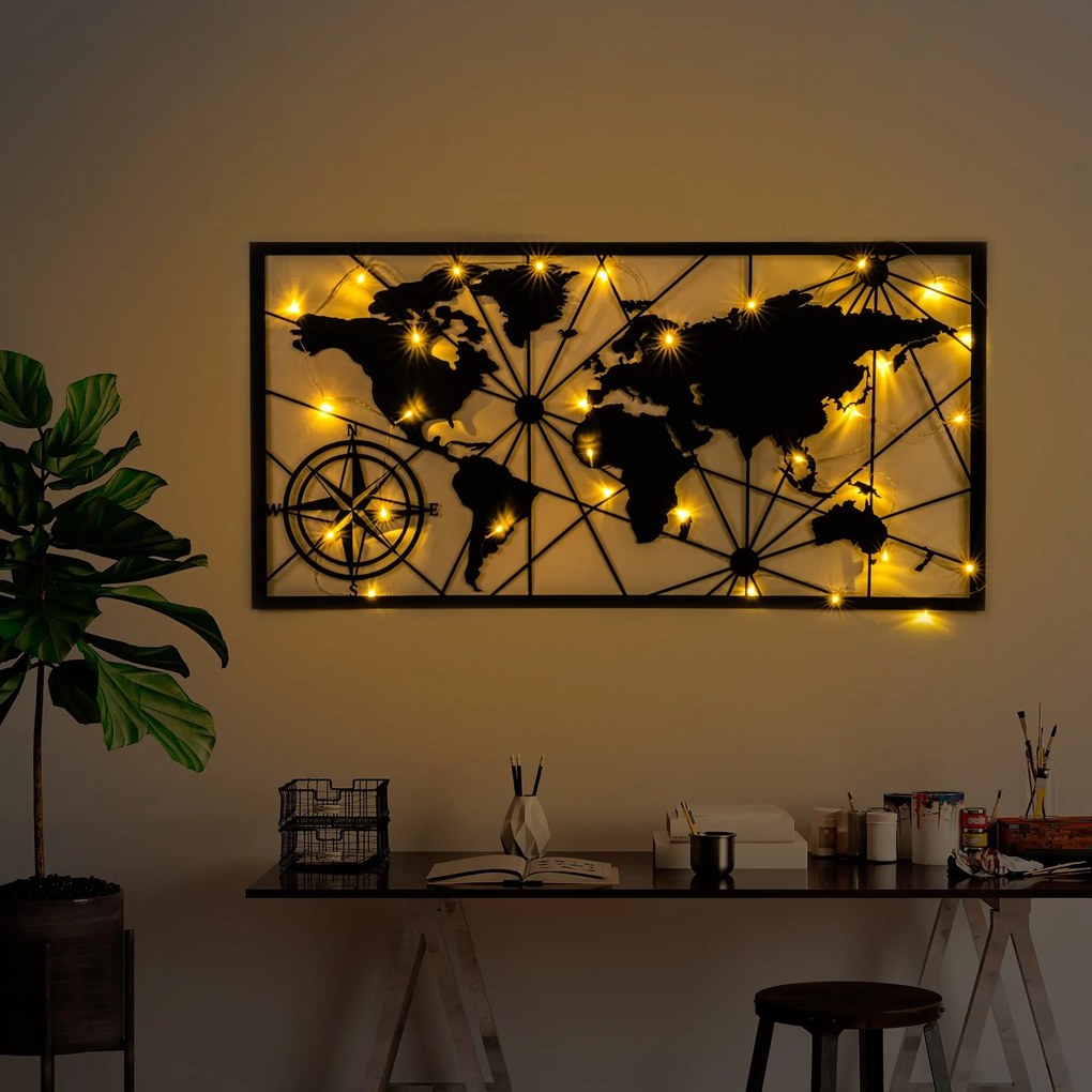 Nástěnná kovová dekorace World Map Led 452 černá