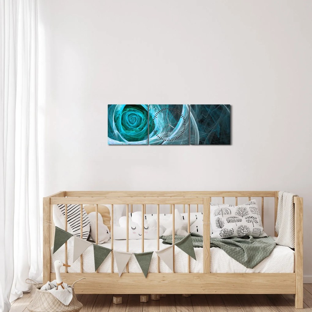 Obraz - Abstraktné ruže modrá s čiernym pozadím (s hodinami) (90x30 cm)