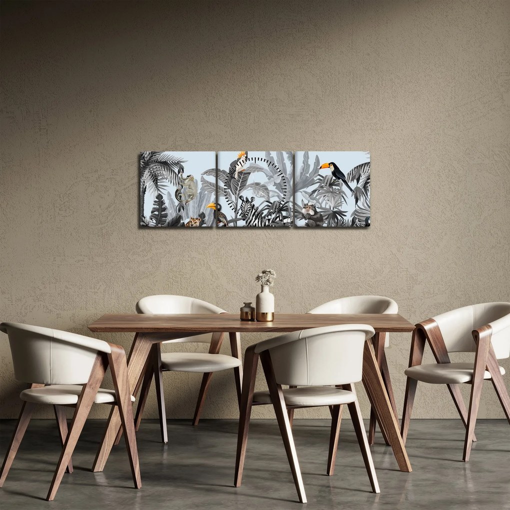 Obraz zvierat v tropickom lese (s hodinami) (90x30 cm)
