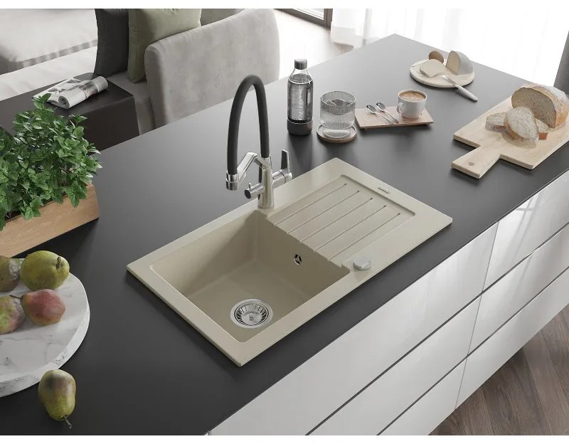 Mexen Pablo, granitový drez 752x436x161 mm, 1-komorový a drezová batéria Duo, béžová, 6510-69-671701-07