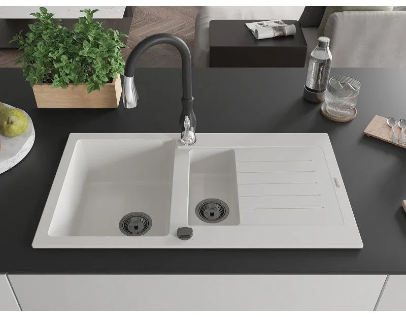 Mexen Matias, 1,5-komorový granitový drez 900x505x200 mm a drezová batéria Savita, biela, 6502-20-672601-70