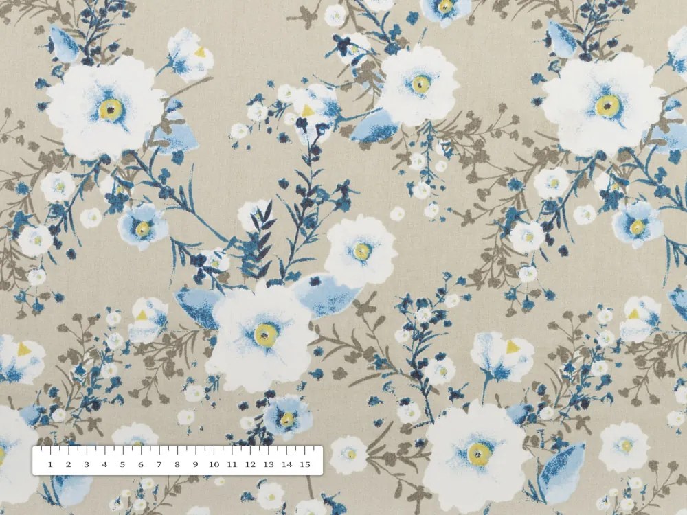 Biante Bavlnený behúň na stôl Sandra SA-552 Modré popínavé kvety na béžovom 35x140 cm