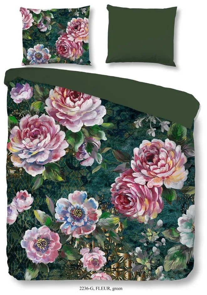 Zelené bavlnené obliečky na jednolôžko/predĺžené 140x220 cm Fleur – Good Morning