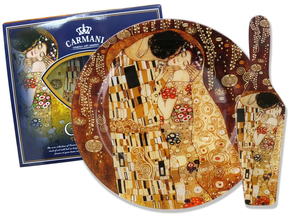 Sklenená tácka okrúhla 27 cm s lopatkou Gustav Klimt The Kiss, CARMANI