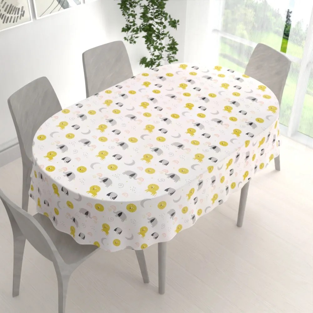 Biante Detský bavlnený oválny obrus Sandra SA-649 Slony a levy na bielom 50x100 cm
