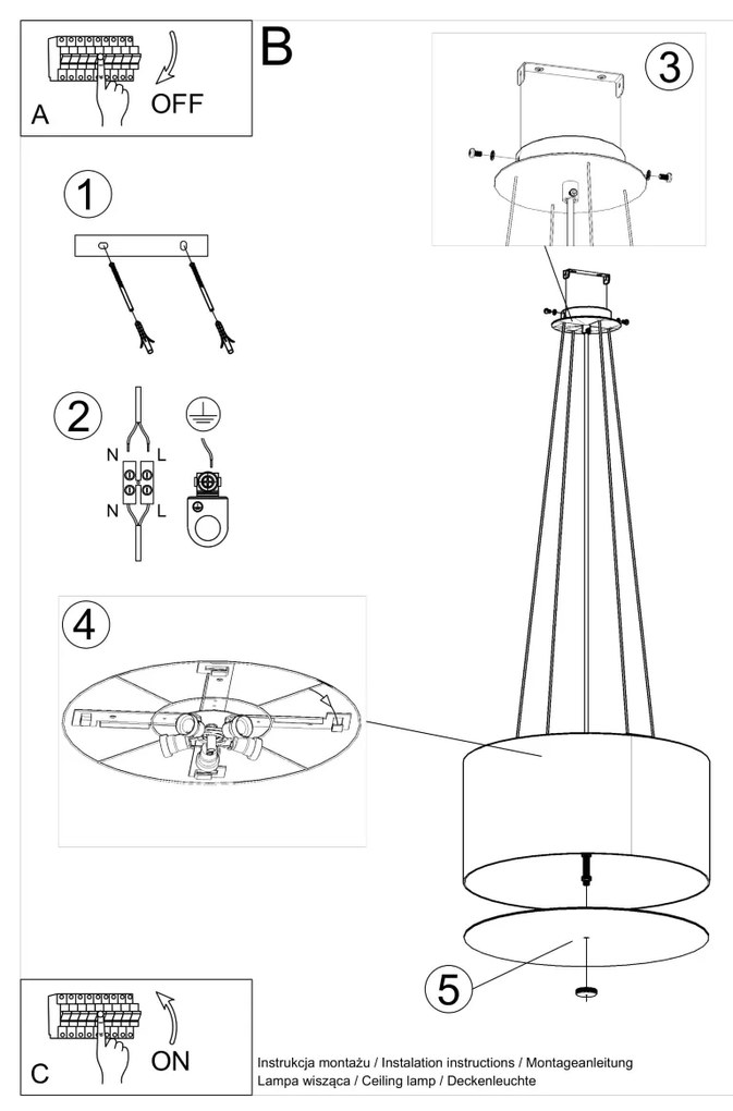 Závesné svietidlo Otto, 1x čierne textilné tienidlo, (biele sklo), (fi 50 cm)
