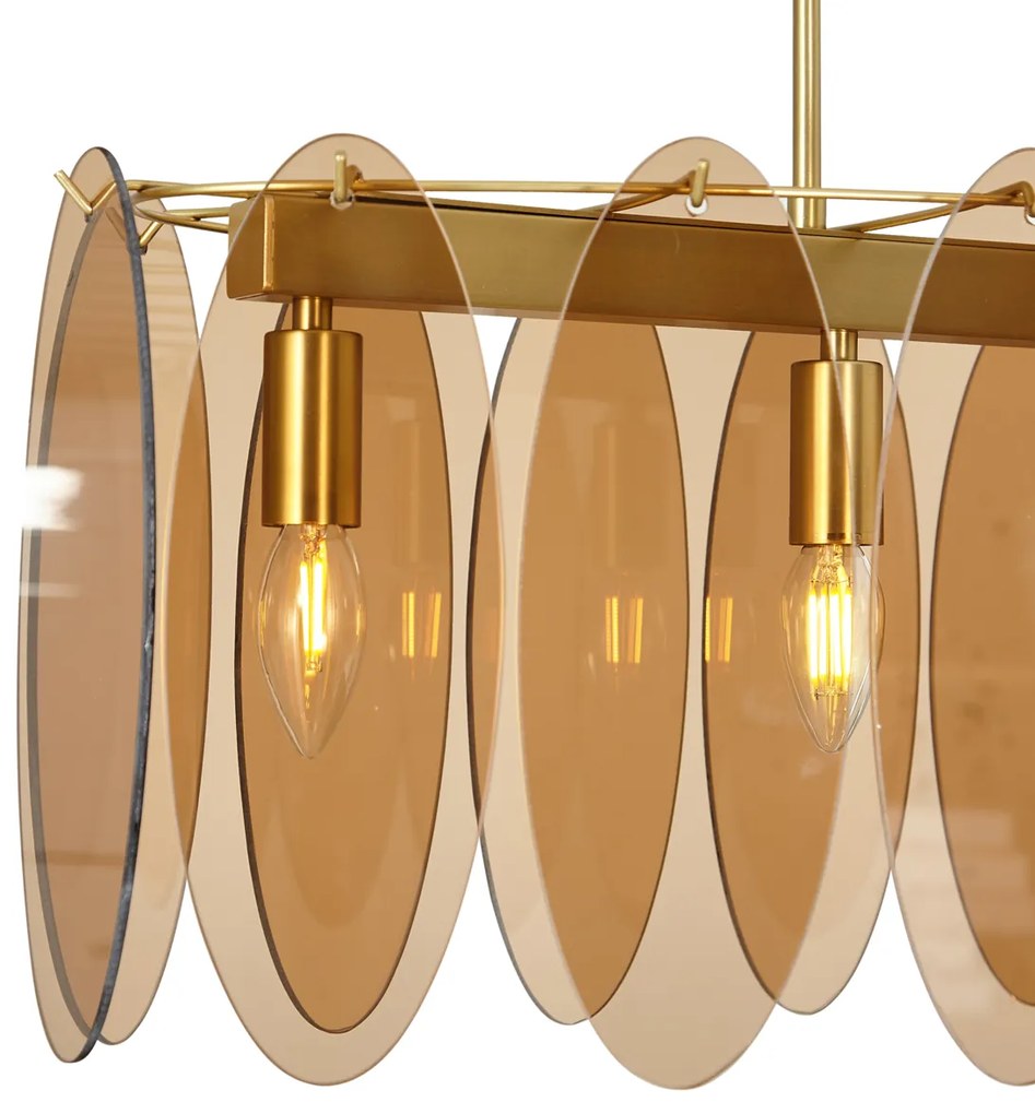 Závesná lampa Art Deco zlatá s jantárovým sklom oválna 5-svetiel - Mochan