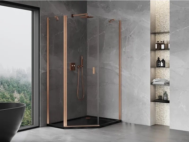 Mexen Mist, päťuholníkový sprchový kút výklopný 80 x 100 cm, číre sklo, medený matný profil, 8A8-080-100-65-00
