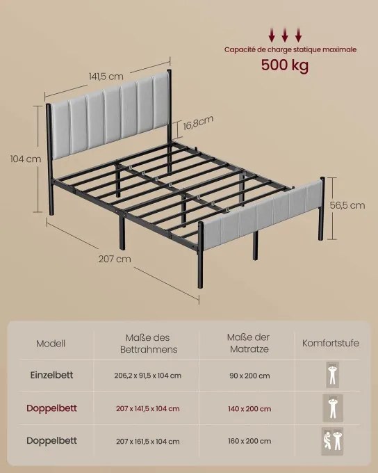 Kovová manželská posteľ 140 cm RMB974G01 sivá