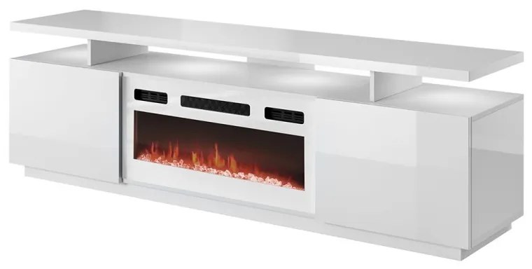 TV skrinka Aniceto s krbom, Osvetlenie: osvetlenie LED, Farby: čierny / čierny lesk, Krb: čierny