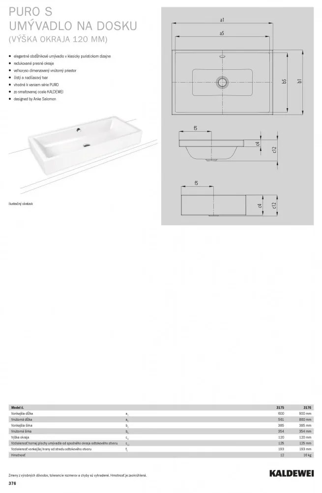 Kaldewei Puro S - Umývadlová misa na dosku 600x385 mm, s prepadom, bez otvoru pre batériu, Perl-effekt, alpská biela 909106003001