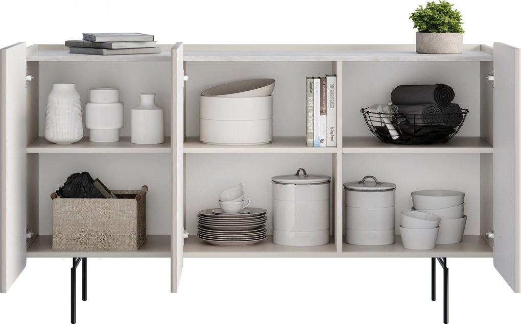 Komoda Malmi 150 cm trojdverová - kašmír / crema bianca / čierne nožičky