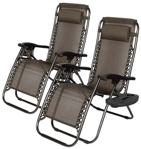 Záhradné ležadlo zero gravity s držiakom na pohár, 2 ks- hnedé