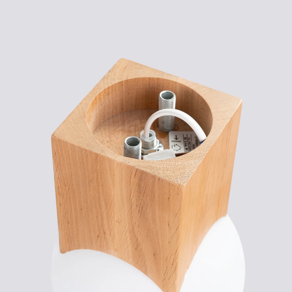 Stropné svietidlo Solis, 1x biele sklenené tienidlo, drevo