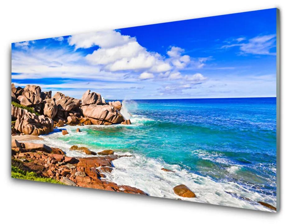 Skleneny obraz Pláž skaly more krajina 140x70cm