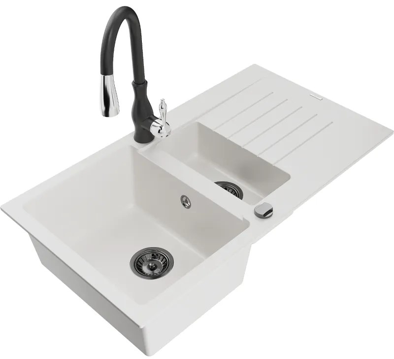 Mexen Matias, 1,5-komorový granitový drez 900x505x200 mm a drezová batéria Savita, biela, 6502-20-672601-70