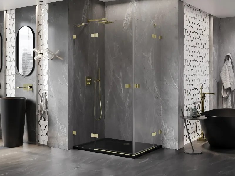 Mexen Lunar Duo, výklopný sprchový kút 100 x 80 cm, 8mm číre sklo, zlatý matný profil, 834-100L-080P-55-00