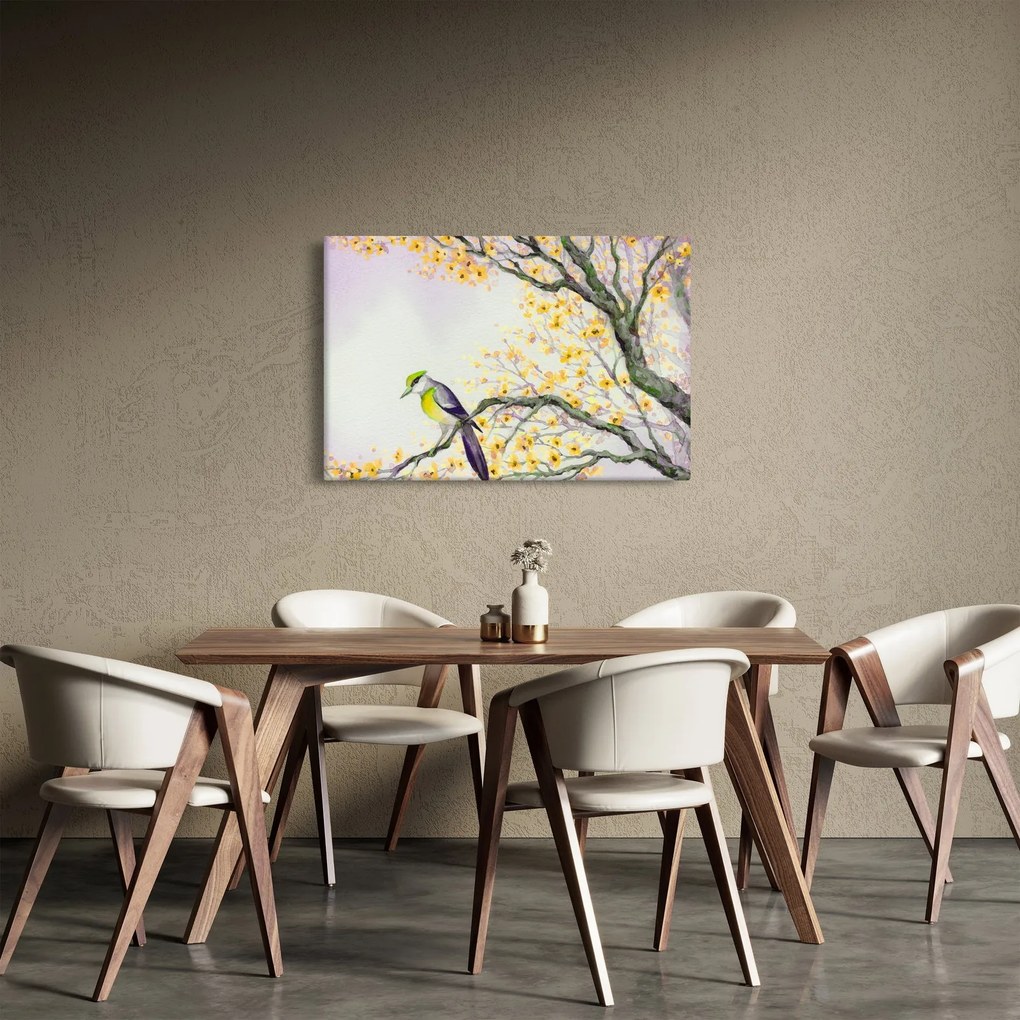 Obraz - Akvarelový vtáčik na strome (90x60 cm)