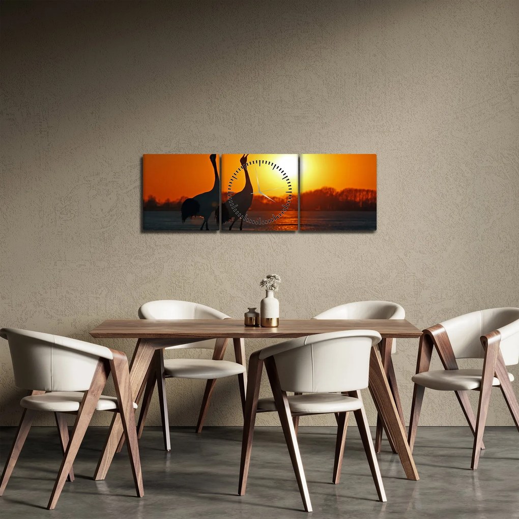 Obraz vtákov pri západe slnka (s hodinami) (90x30 cm)