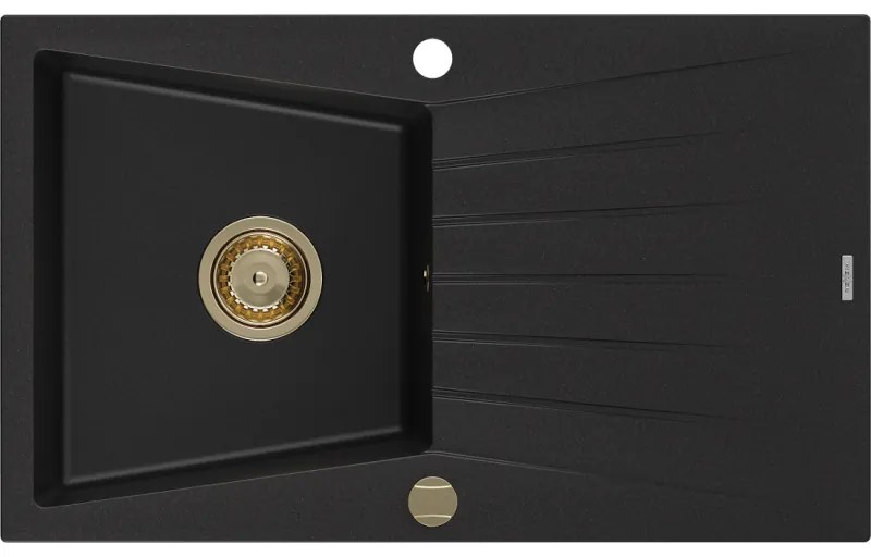 Mexen Cesar, granitový drez 775x470x190 mm, 1-komorový, čierna so zlatým sifónom, 6514771010-77-G