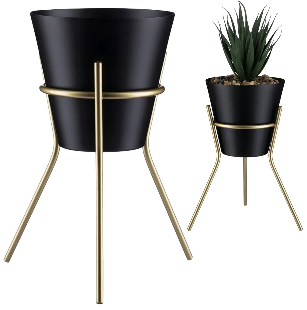 KOVOVÝ KVETINÁČ SO STOJANOM LOFT 20X16 CM ČIERNA/ZLATÁ