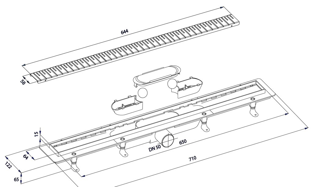 Polysan Polysan, KLAVER sprchový kanálik s nerezovým roštom, superflow, DN50, 710x122x65 mm, 73721
