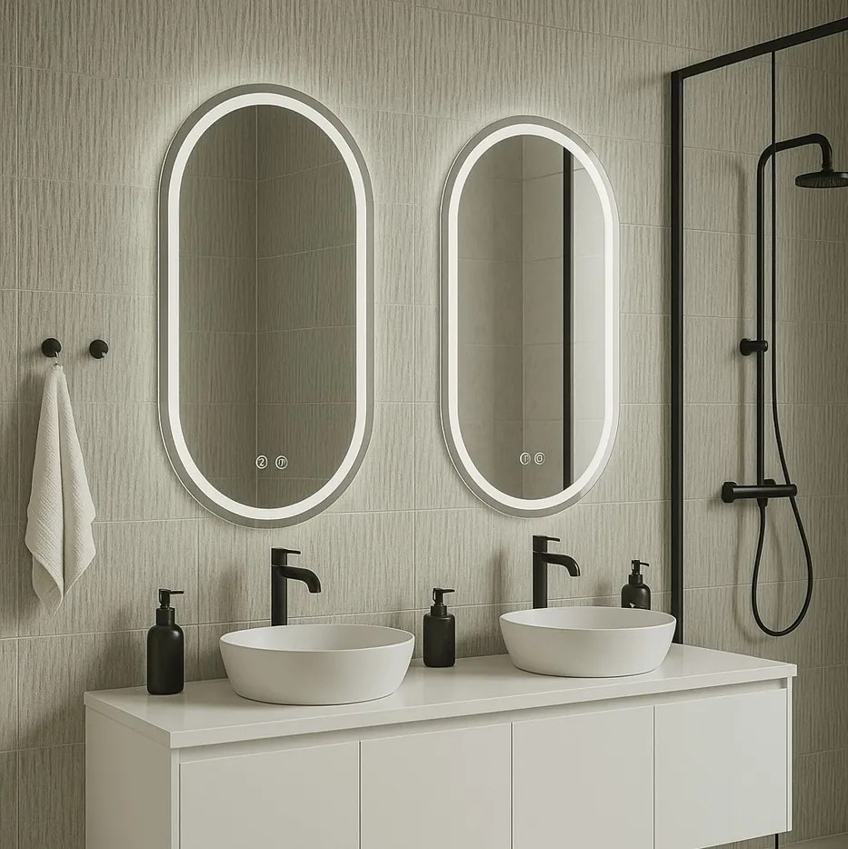 Erga Lyra, oválne LED zrkadlo 60x100cm, 3 farby svetla, predné a zadné osvetlenie, vyhrievacia podložka proti zapareniu, ERG-V01-Lyra-6010-CL