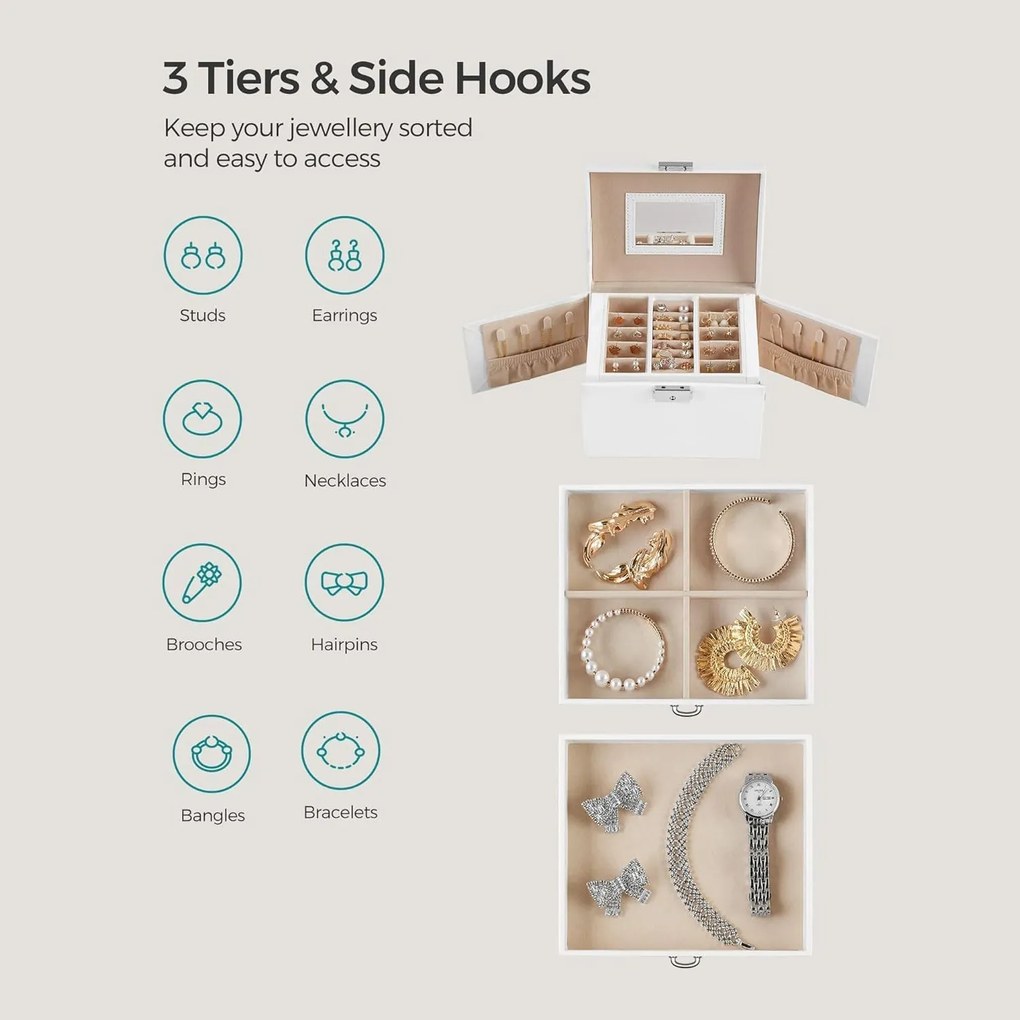 Šperkovnica, 3-úrovňová s 2 zásuvkami a s cestovným puzdrom, biela