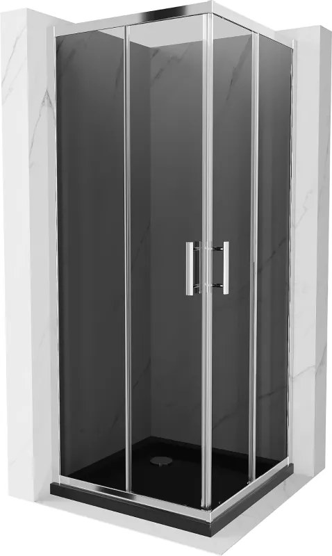Mexen Rio, štvorcový sprchovací kút s posuvnými dverami 70(dvere) x 70(dvere) x 190 cm, 6mm šedé sklo, chrómový profil + čierna sprchová vanička SLIM, 860-070-070-01-40-4070