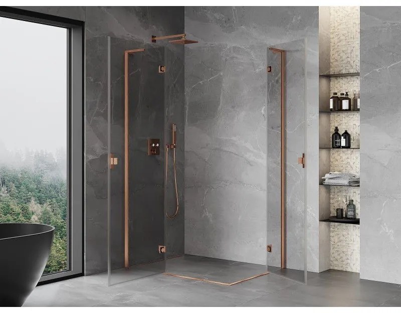 Mexen Mist-H L Duo, 2-krídlový sprchový kút 95 x 70 cm, číre sklo, medený matný profil, 8A5L-095L-070P-65-00