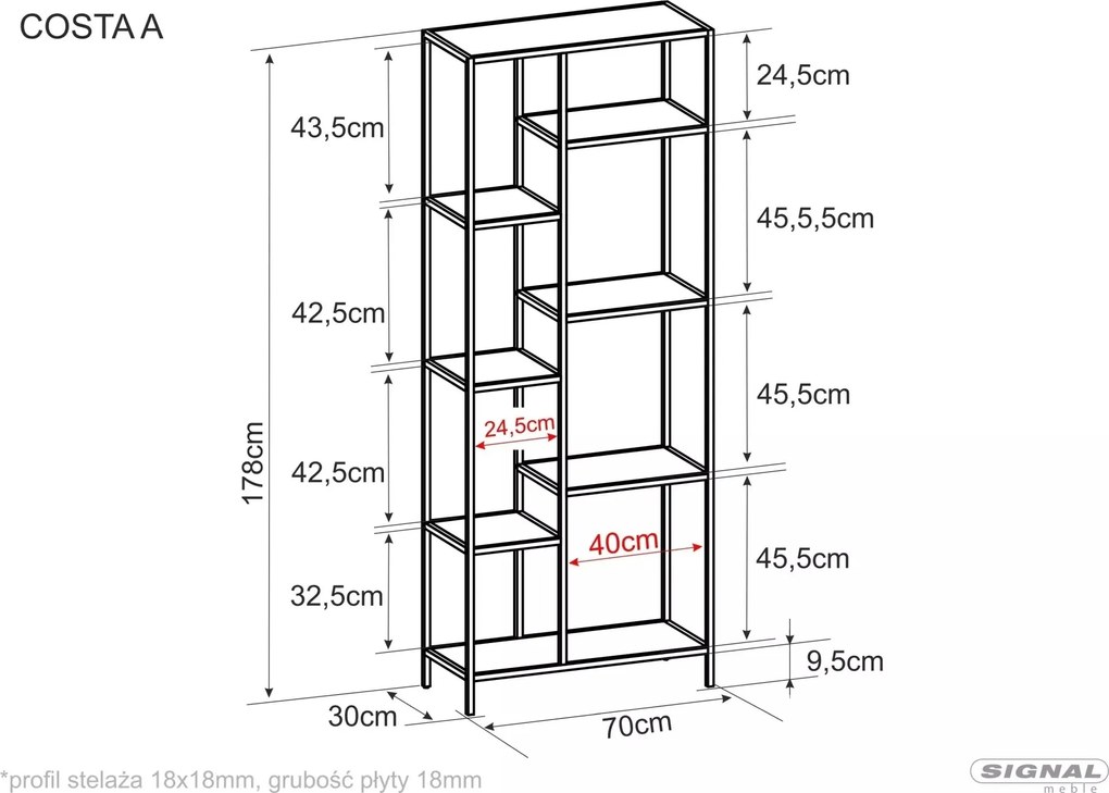 Regál Costa A 70 cm dub prírodný/čierny