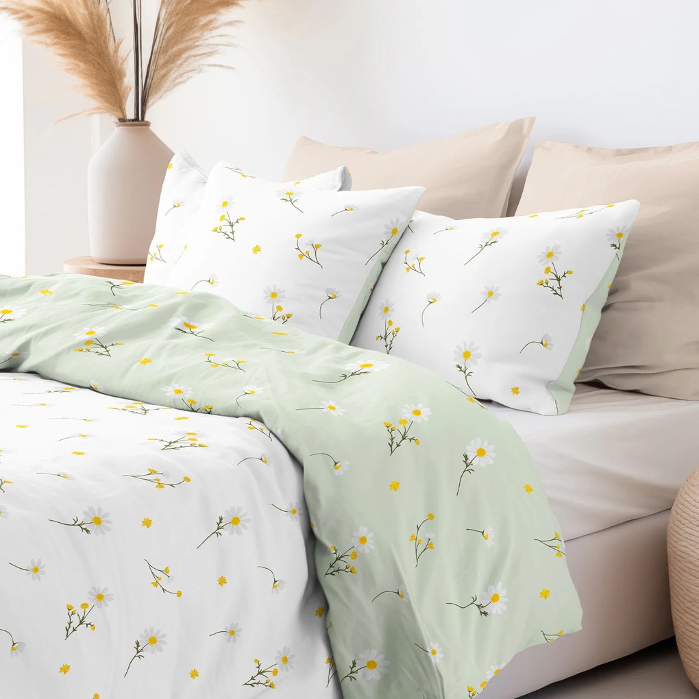 Goldea bavlnené posteľné obliečky - harmanček so svetlo zelenou 220 x 200 a 2ks 70 x 90 cm (šev v strede)