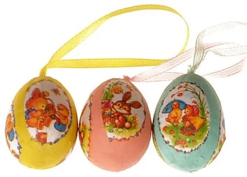 Vajíčka dekorované jarným motívom, závesné na stužke x 12 ks, výška 4 cm
