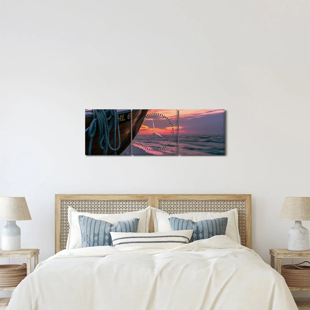 Obraz loďky na brehu (s hodinami) (90x30 cm)