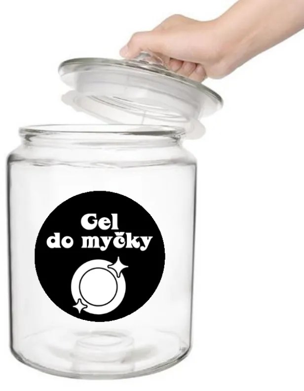 Štítok / nálepka do kuchyne s obrázkom taniera - Gél do umývačky riadu Farba písma: Biele na čiernom