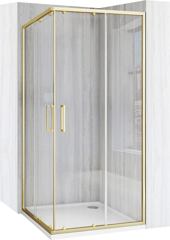 Štvorcový sprchovací kút REA CITY 90x90 zlatá kartáčovaná/transparent + vanička Savoy čierna