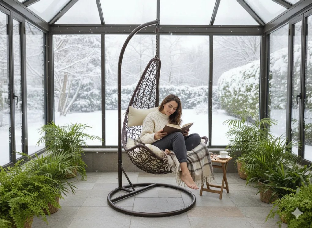 Garden Line ZÁVESNÁ STOLIČKA, TMAVO HNEDÁ, VANKÚŠ – KRÉMOVÁ, RÁM – TMAVO HNEDÁ, POLOVICA