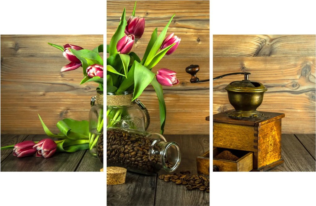 Obraz - tulipány, mlynček a káva (90x60 cm)